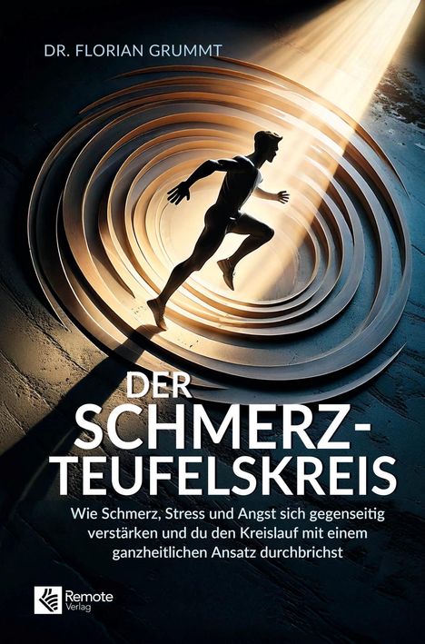 DR. FLORIAN GRUMMT, DER SCHMERZTEUFELSKREIS. Silhouette eines Menschen in spiralförmigem Tunnel, Lichtstrahl von oben.