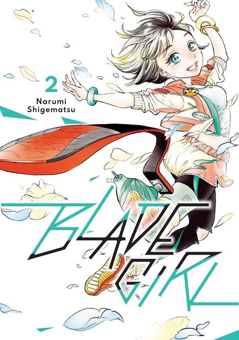 Nummer 2, Narumi Shigematsu, Blade Girl. Illustration eines freudig springenden Mädchens mit bunt gefärbt fallenden Blättern.