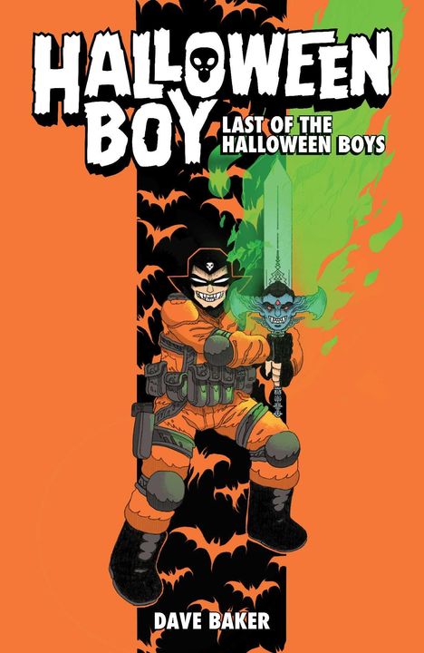 Titel: "HALLOWEEN BOY: LAST OF THE HALLOWEEN BOYS". Ein grinsender Held in orange, umgeben von Fledermäusen, hält ein leuchtendes Schwert.