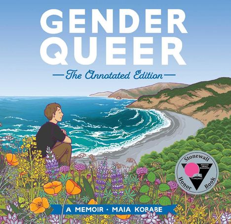 Text: "Gender Queer: The Annotated Edition", "A Memoir, Maia Kobabe". Illustration von Küste und Meer, Person sitzend, Blumenwiese.