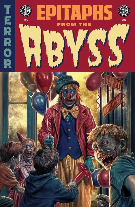 "EPITAPHS FROM THE ABYSS" und "HAPPY BIRTHDAY". Ein unheimlicher Clown mit zombiefizierten Kindern bei einer Party.