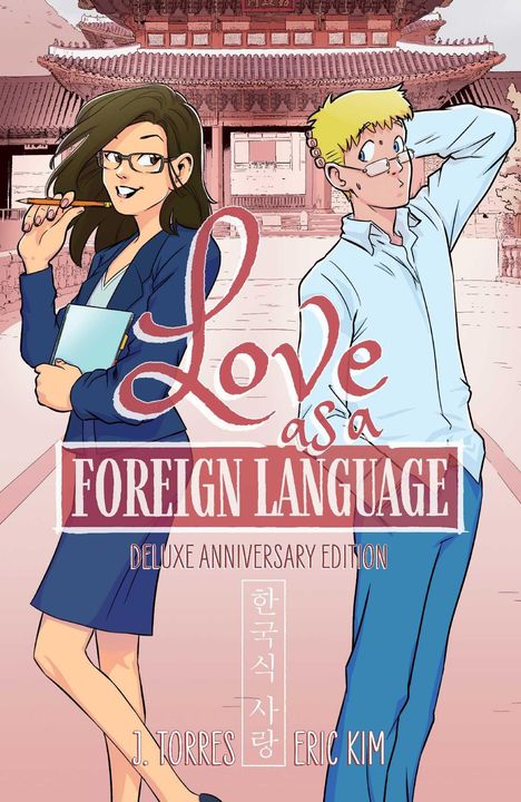 "Love as a Foreign Language", Deluxe Anniversary Edition. Zwei animierte Figuren vor einem traditionellen Gebäude.