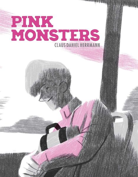 "PINK MONSTERS, CLAUS DANIEL HERRMANN" steht oben. Illustration: Person in rosa Hemd hält eine Tasche.