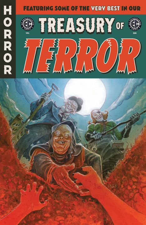"FEATURING SOME OF THE VERY BEST IN OUR TREASURY OF TERROR." Drei gruselige Figuren greifen aus blutigem Boden hervor.