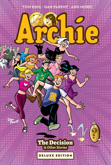 "Archie: The Decision & Other Stories. Deluxe Edition" oben. Comic-Stil, lachender Junge in blauer R-Shirt, springt fröhlich.