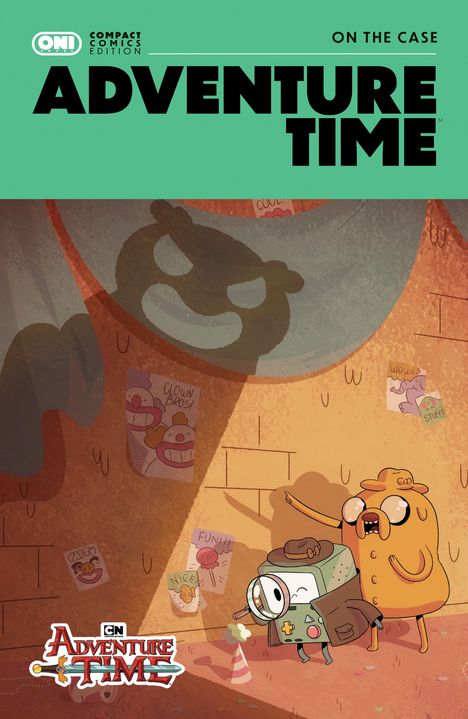 „Adventure Time“, „On the Case“. Zwei Cartoon-Charaktere, BMO und Jake, als Detektive in einer humorvollen Szene.
