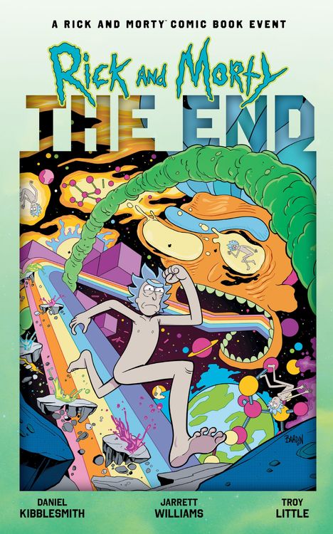 „Rick and Morty: The End“ in Comic-Stil. Ein nackter Mann rennt vor bunten, surrealen Weltraummotiven.