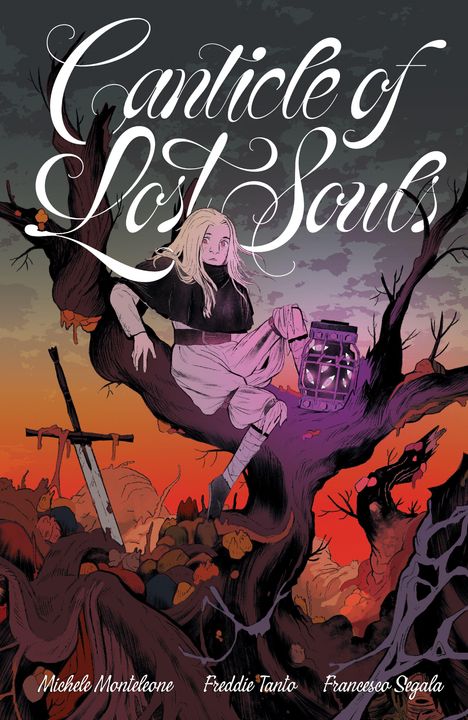 „Canticle of Lost Souls“. Eine Person sitzt auf einem Baum, hält eine Laterne, mit einem Schwert daneben.