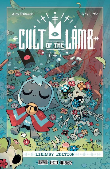 „Cult of the Lamb“: Illustration mit tierähnlicher Figur und Skelett in bunter Blumenwiese vor einem Baum.