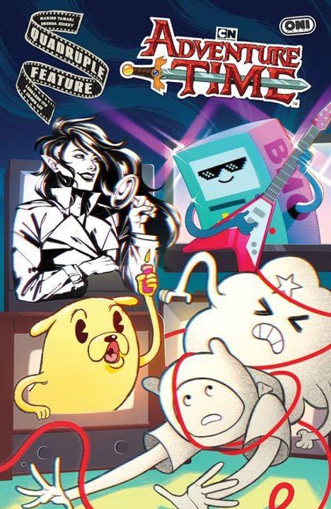 "QUADRUPLE FEATURE", "ADVENTURE TIME" in einem Comic-Stil. Figuren: Musiker, Hund, humanoide Wesen. Bunte, lebhafte Illustration.