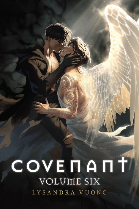 „COVENANT VOLUME SIX, LYSANDRA VUONG“. Eine Illustration zeigt zwei Personen in inniger Geste, eine hat Flügel.