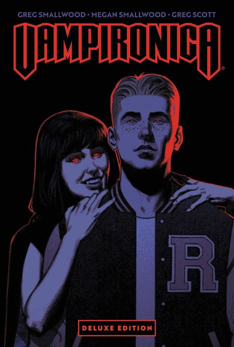 „VAMPIRONICA“ in rotem Schriftzug. Zwei Personen, eine mit glühend roten Augen, die lächelt und den anderen umarmt.