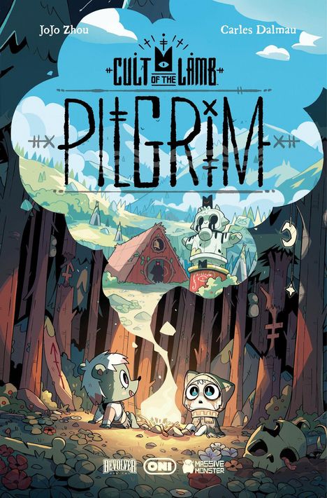 „Cult of the Lamb: Pilgrim“ in einem cartoonhaften Wald mit zwei knuddeligen Tieren am Lagerfeuer.