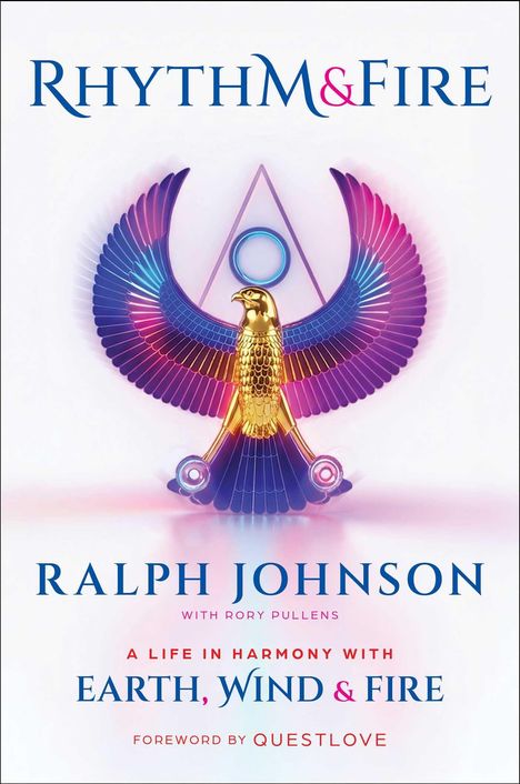 „Rhythm & Fire“, „Ralph Johnson“, „Earth, Wind & Fire“, mit einem stilisierten Adler und einem leuchtenden Dreieck im Hintergrund.