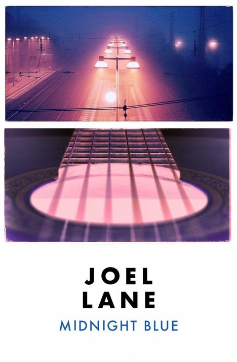 Text: "Joel Lane", "Midnight Blue". Oben eine beleuchtete Straße bei Nacht, unten ein Gitarrenhals.