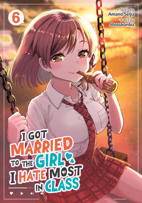 Text: "I got married to the girl I hate most in class." Junge Frau auf Schaukel bei Sonnenuntergang, trinkt aus Flasche.