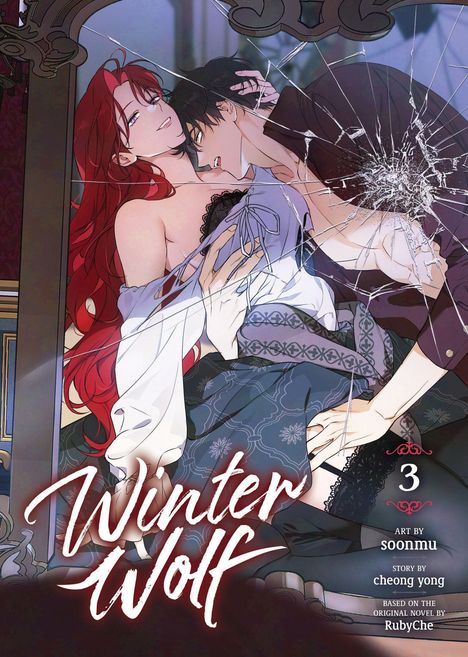 "Winter Wolf", 3. Band, Illustration von Soonmu. Eine Frau mit rotem Haar hält einen Mann vor einem zerbrochenen Spiegel.