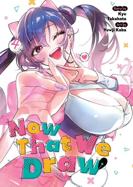 „Now That We Draw“. Anime-Mädchen mit Katzenohren, zwinkert und lächelt. Farbig, verspielte Gestaltungselemente.