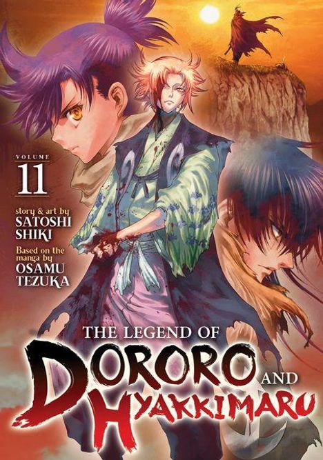 „Volume 11; The Legend of Dororo and Hyakkimaru; story & art by Satoshi Shiki.“ Drei Figuren vor dramatischem Hintergrund.