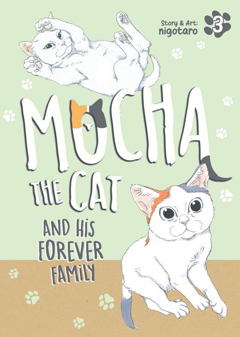 "MOCHA THE CAT AND HIS FOREVER FAMILY" in großen Buchstaben über Katzenillustration auf grünlichem Hintergrund.