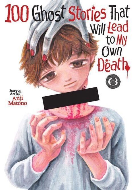 "100 Ghost Stories That Will Lead to My Own Death." Junge mit verletztem Hals, Hand auf seinem Kopf, künstlerische Darstellung.