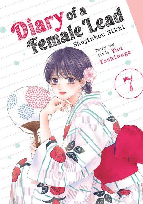 „Diary of a Female Lead“ und „Shujinkou Nikki“. Eine Frau im Kimono hält einen Fächer.