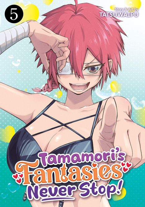 Titel: "Tamamori's Fantasies Never Stop!" in verspielter Schrift. Illustration: Figur mit rotem Haar, Augenklappe, lächelt frech.