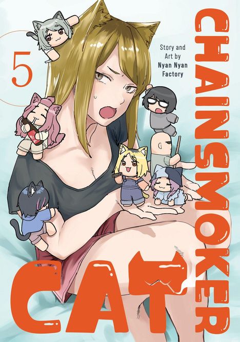 „CHAINSMOKER CAT 5“, Illustration mit Frau und kleinen Figuren, die Katzenohren tragen.