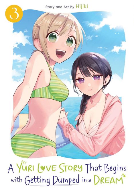 „A Yuri Love Story That Begins with Getting Dumped in a Dream“. Zwei junge Frauen in Badekleidung, fröhlich am Pool.