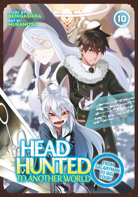 "HEAD HUNTED TO ANOTHER WORLD. FROM SALARYMAN TO BIG FOUR!" Drei Anime-Charaktere, einer mit Fuchs-Ohren.