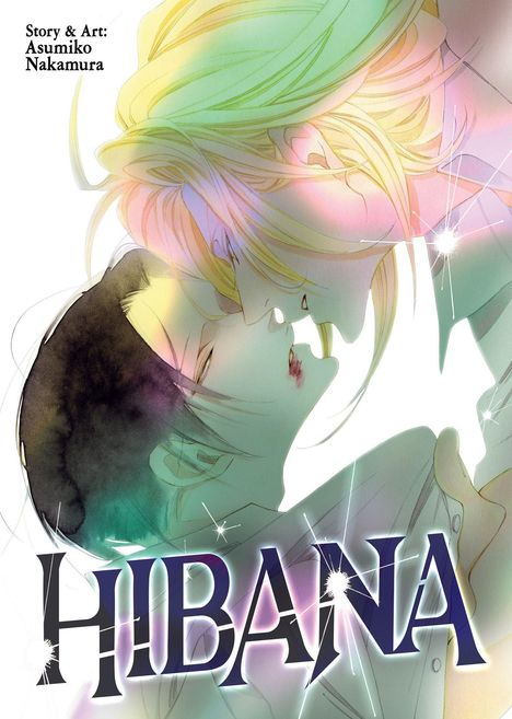 „Story & Art: Asumiko Nakamura“ und „HIBANA“. Zwei Personen kommen sich nah, bunte Farben und helle Lichtpunkte.