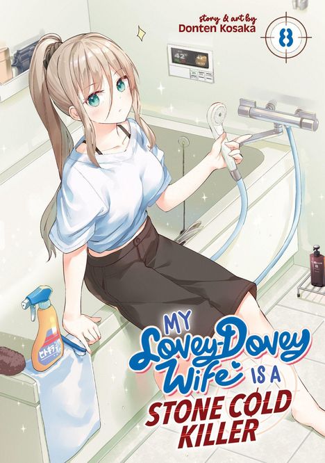 Titel: „My Lovey Dovey Wife is a Stone Cold Killer“. Manga-Stil Frau im Badezimmer, hält eine Dusche.