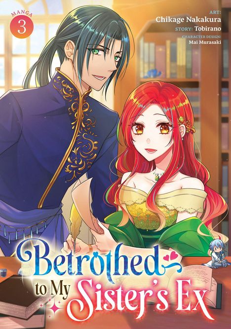 "Betrothed to My Sister’s Ex"; Manga 3. Zwei Figuren: Mann in Blau, Frau in Grün mit rotem Haar. Anime-Stil, Bücher im Hintergrund.