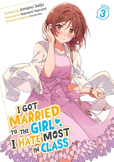Titel: "I Got Married to the Girl I Hate Most in Class". Illustration: Mädchen in lila Kleid, Tasche, errötend.