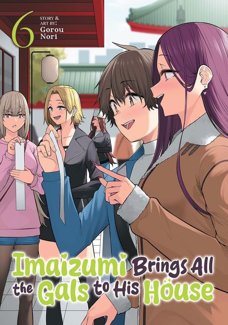 „Imaizumi Brings All the Gals to His House“ ist der Titel. Illustration von fröhlichen, jungen Leuten in einer städtischen Umgebung.