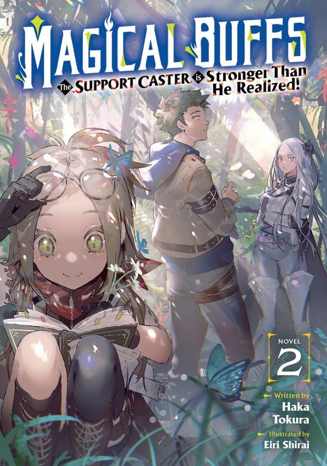 "Magical Buffs: The Support Caster is Stronger Than He Realized! Novel 2." Drei Figuren mit magischen Details im Wald.