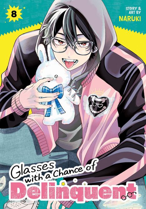 Nummer 8. "Glasses with a Chance of Delinquent." Junge mit Brille, Hoodie und Kuscheltier in lebhaften Farben.