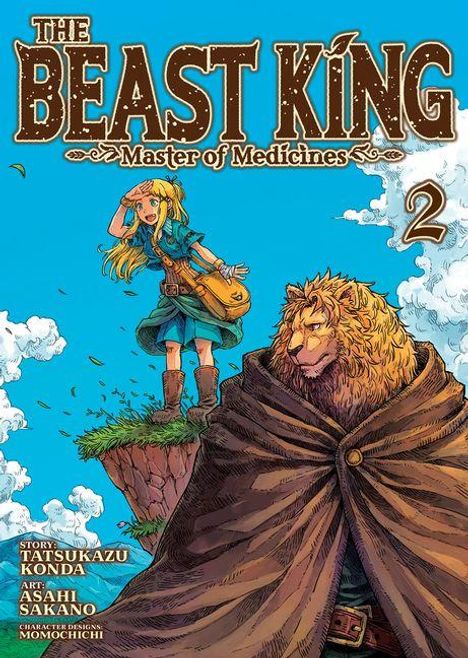 „The Beast King: Master of Medicines". Band 2. Junge mit Tasche und Löwe auf Felsplateau vor blauem Himmel. Manga-Stil.