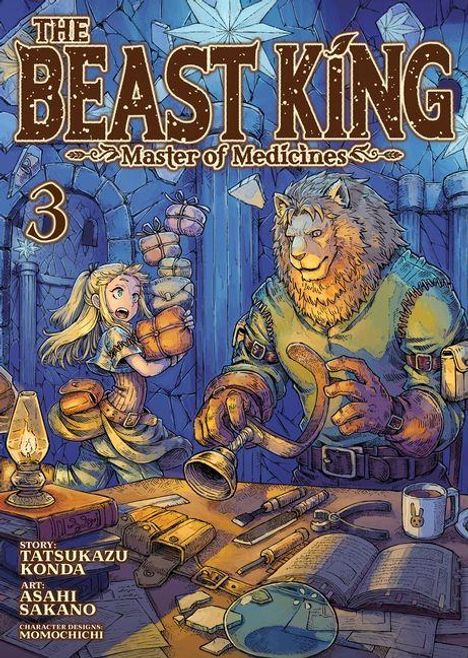 "THE BEAST KING: Master of Medicines 3." Eine Illustration zeigt ein löwenartiges Wesen und ein Mädchen in alchemistischer Umgebung.
