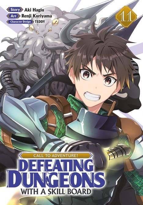 Text: "CALL TO ADVENTURE! DEFEATING DUNGEONS WITH A SKILL BOARD". Illustration: Junge in Rüstung mit Schwert, kreaturartigem Wesen im Hintergrund.