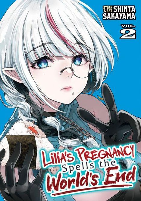 "Lilia's Pregnancy Spells the World's End Vol. 2" steht auf einem Manga-Cover mit einer Manga-Figur, die ein Onigiri hält.