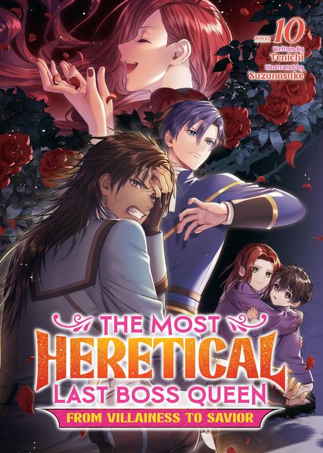 Buchtitel: "The Most Heretical Last Boss Queen". Anime-Illustration mit mehreren Charakteren und Rosen.