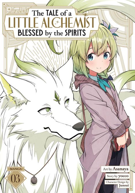 "The Tale of a Little Alchemist, Blessed by the Spirits." Manga 03. Junge Person mit Wolf, freundlich wirkend.
