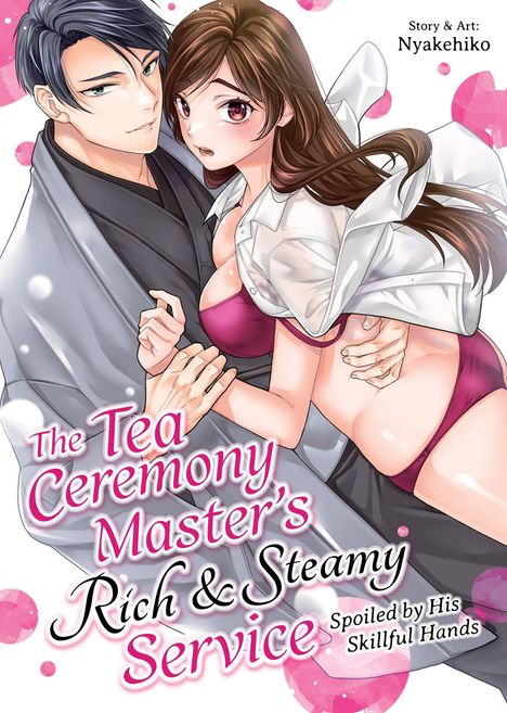 Text: „The Tea Ceremony Master's Rich & Steamy Service“. Illustration: Ein Mann und eine Frau in inniger Pose.