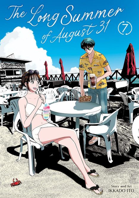Text: "The Long Summer of August 31 (7)". Illustration: Frau im Bikini, Mann mit Getränk, sonnige Strandatmosphäre.