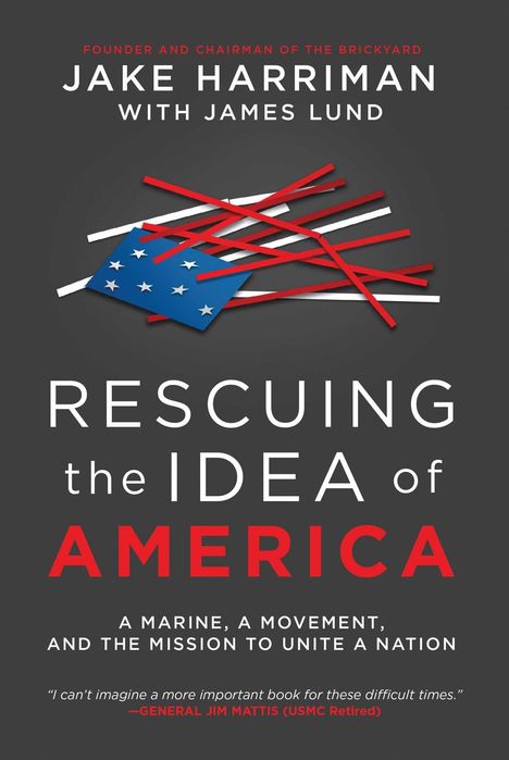 Titel: "Rescuing the Idea of America". Darstellung: Zerrissene Flagge mit roten und weißen Streifen.