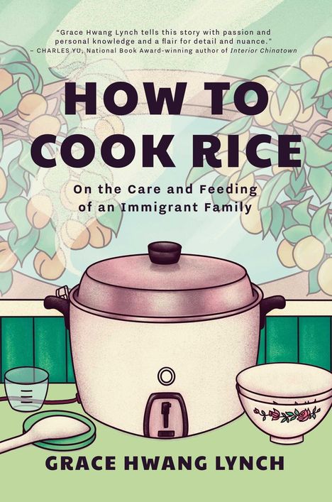 Der Text "How to Cook Rice" steht in großer Schrift. Darunter ein Reiskocher, auch eine Schüssel und Pflanzen sind dargestellt.