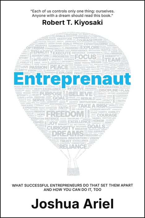 Zitat: "Each of us...ourselves." - Robert T. Kiyosaki. Große Wörter: "Entrepreneurt" und "Joshua Ariel". Heißluftballon-Wortwolke.
