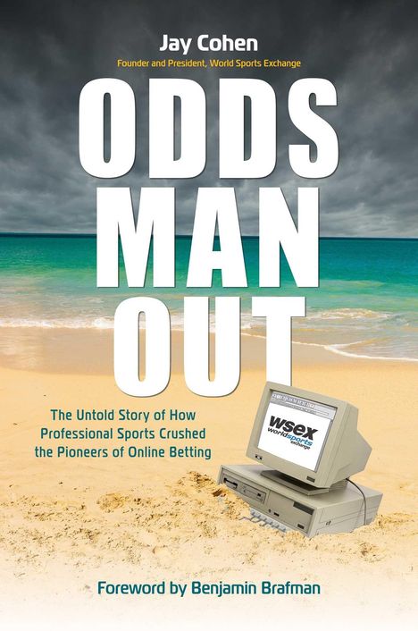 Titel: "Odds Man Out." Ein alter Computer am Strand unter einem bewölkten Himmel.