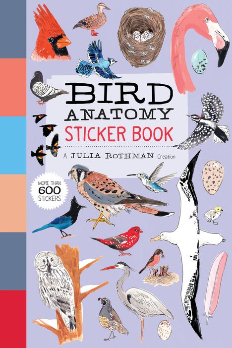 "BIRD ANATOMY STICKER BOOK" in großen Buchstaben, viele Vogelillustrationen, einige mit Details wie Nest oder Ei.